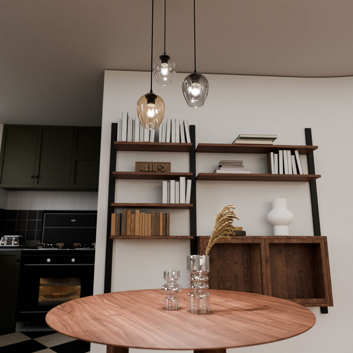 Lampadario 3 Luci Fuxi Base Tonda Acciaio Nero E Vetri Ambra Trasparente E Fumè