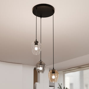 Lampadario 3 Luci Fuxi Base Tonda Acciaio Nero E Vetri Ambra Trasparente E Fumè