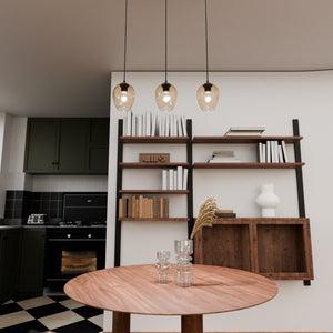 Lampadario 3 Luci Fuxi In Acciaio Nero E Vetri Ambra