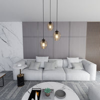 Lampadario 3 Luci Fuxi Base Tonda In Acciaio Nero E Vetri Ambra