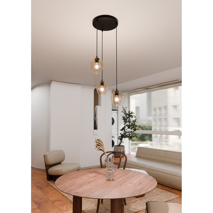 Lampadario 3 Luci Fuxi Base Tonda In Acciaio Nero E Vetri Ambra