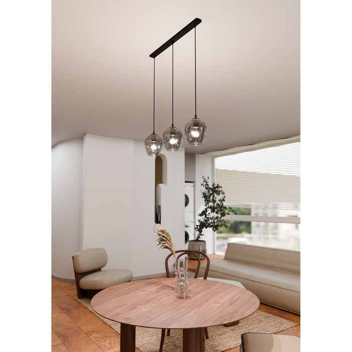 Lampadario 3 Luci Fuxi In Acciaio Nero E Vetri Fumè