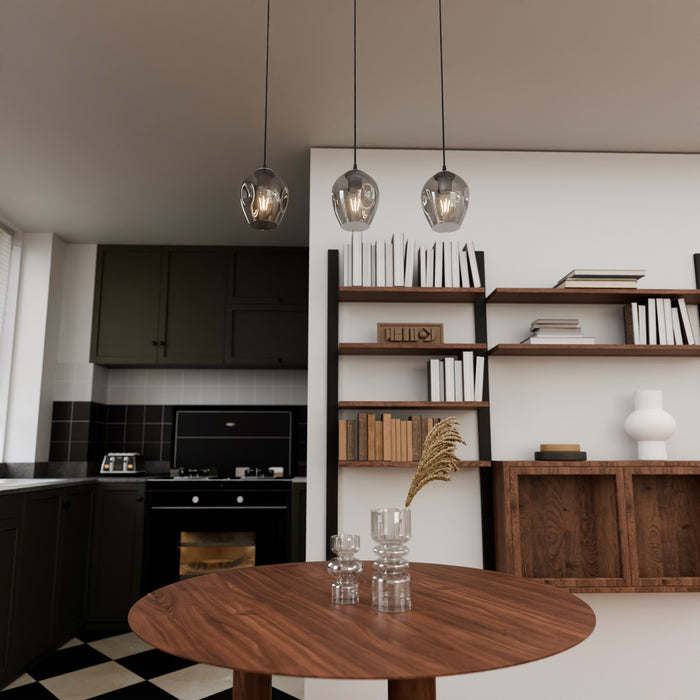 Lampadario 3 Luci Fuxi In Acciaio Nero E Vetri Fumè