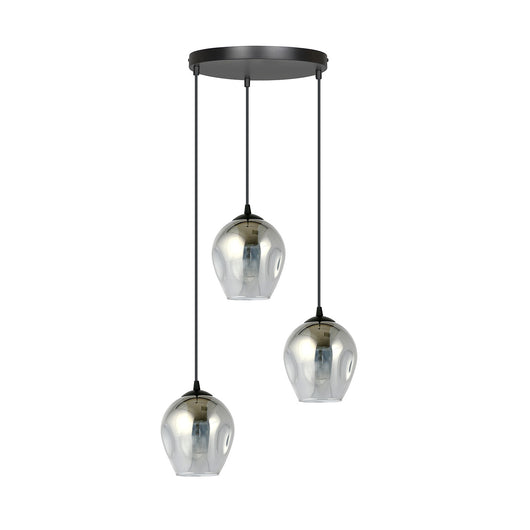 Lampadario 3 Luci Fuxi Base Tonda In Acciaio Nero E Vetri Fumè