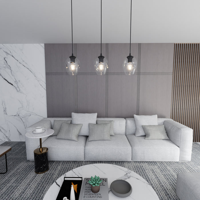 Lampadario 3 Luci Fuxi In Acciaio Nero E Vetri Trasparente