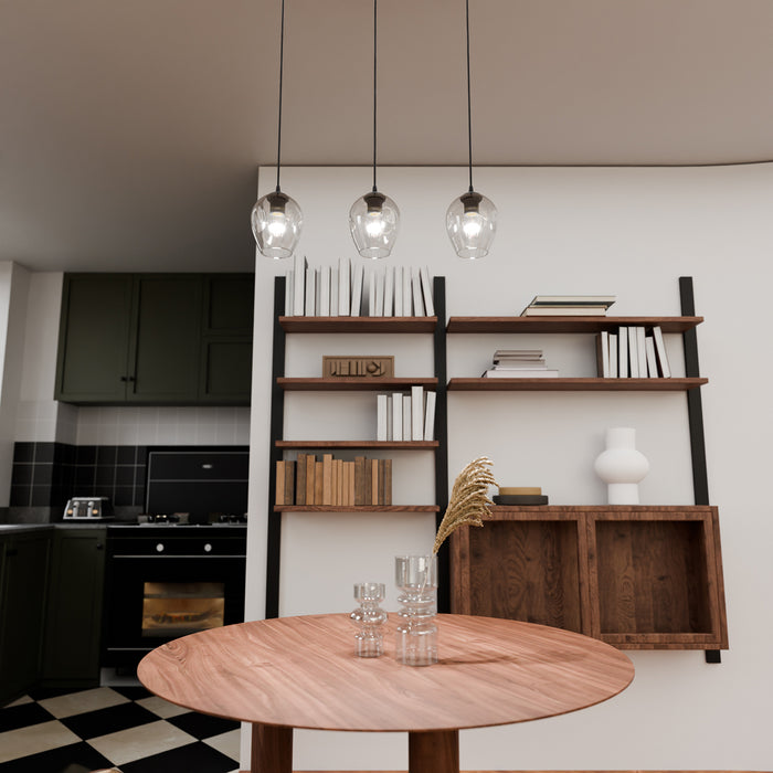 Lampadario 3 Luci Fuxi In Acciaio Nero E Vetri Trasparente