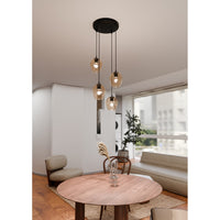 Lampadario 4 Luci Fuxi Base Tonda In Acciaio Nero E Vetri Ambra