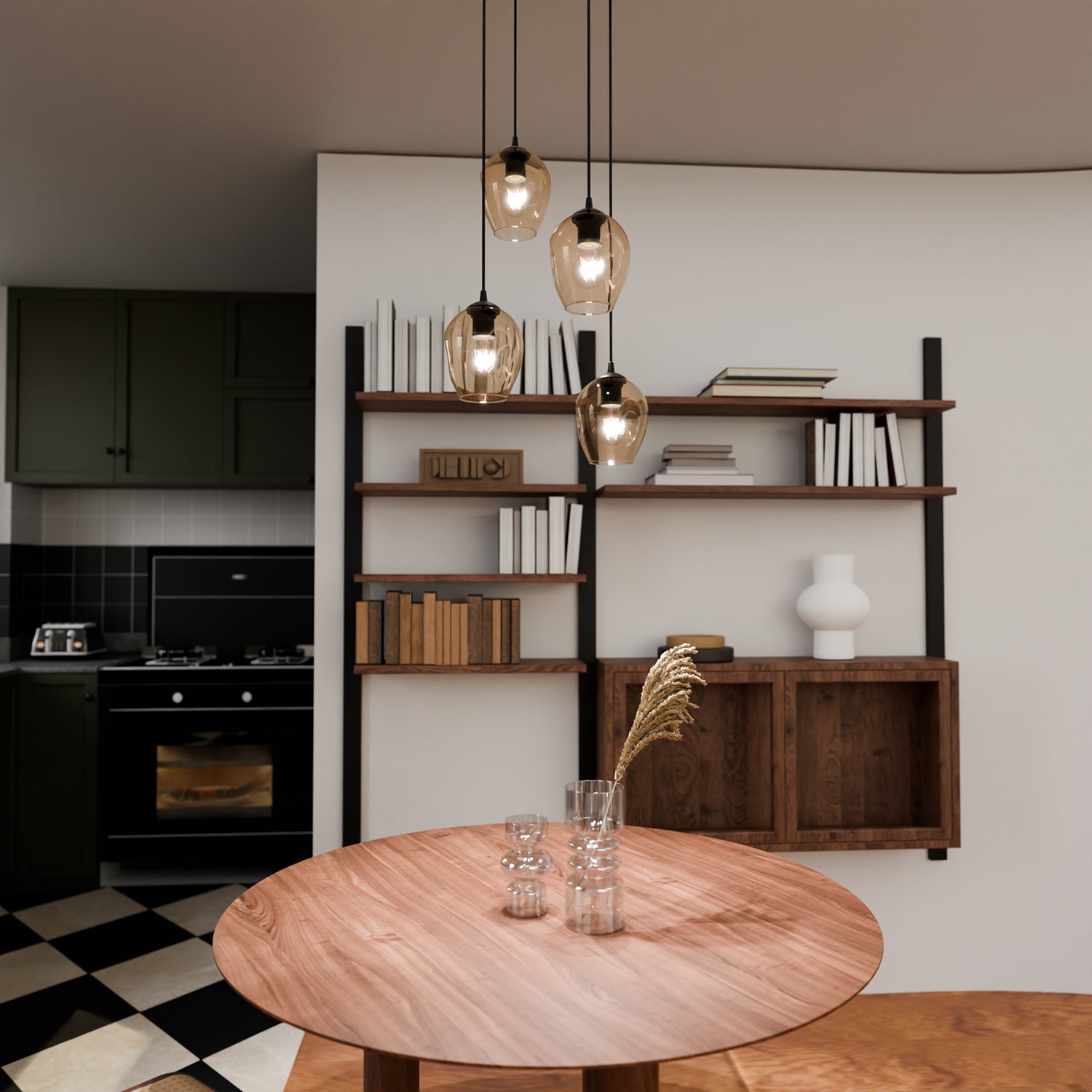 Lampadario 4 Luci Fuxi Base Tonda In Acciaio Nero E Vetri Ambra