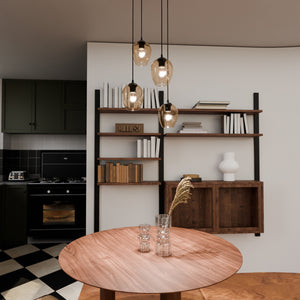 Lampadario 4 Luci Fuxi Base Tonda In Acciaio Nero E Vetri Ambra