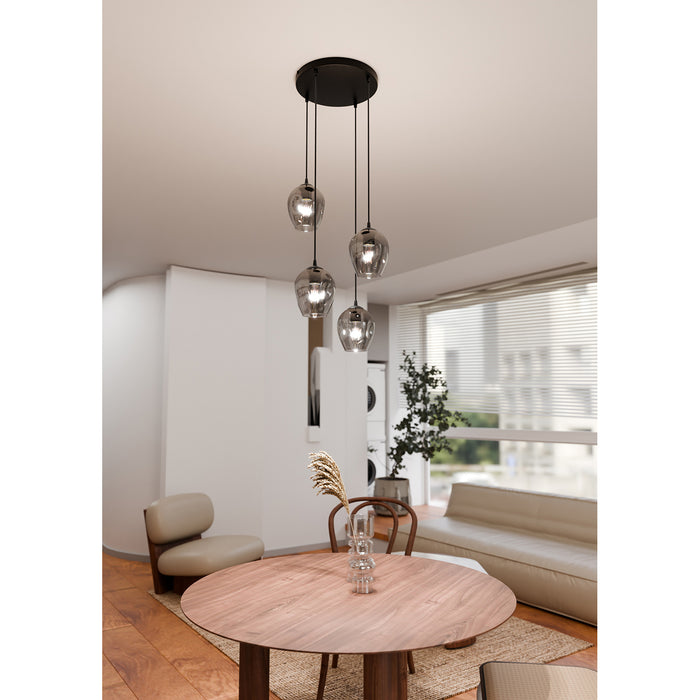 Lampadario 4 Luci Fuxi Base Tonda In Acciaio Nero E Vetri Fumè