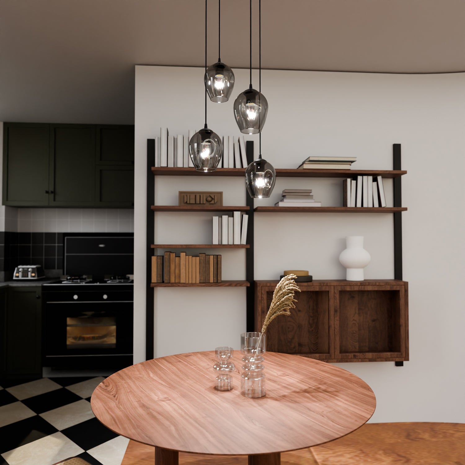 Lampadario 4 Luci Fuxi Base Tonda In Acciaio Nero E Vetri Fumè