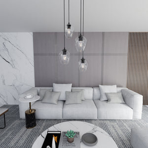 Lampadario 4 Luci Fuxi Base Tonda In Acciaio Nero E Vetri Trasparente