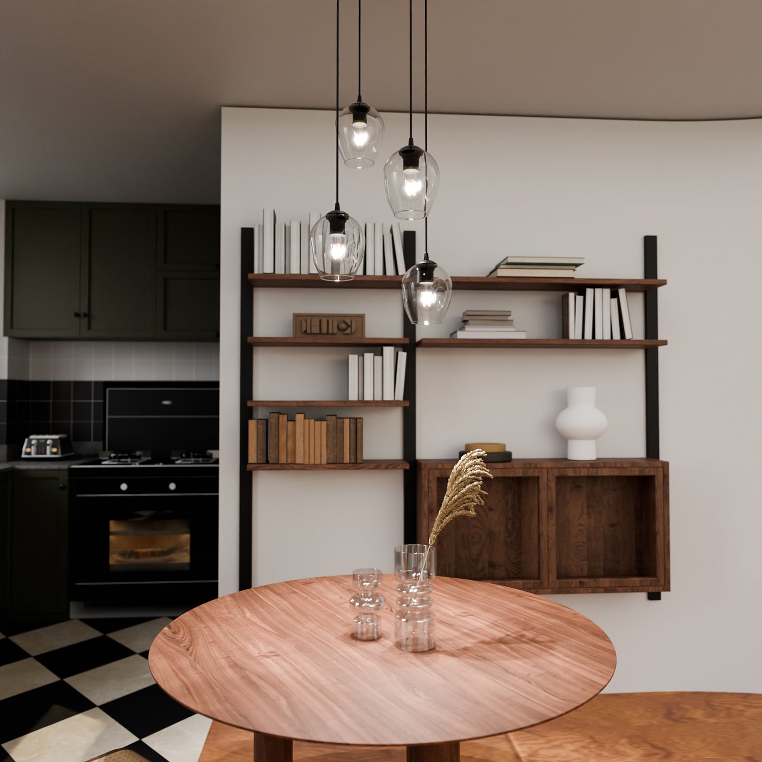 Lampadario 4 Luci Fuxi Base Tonda In Acciaio Nero E Vetri Trasparente