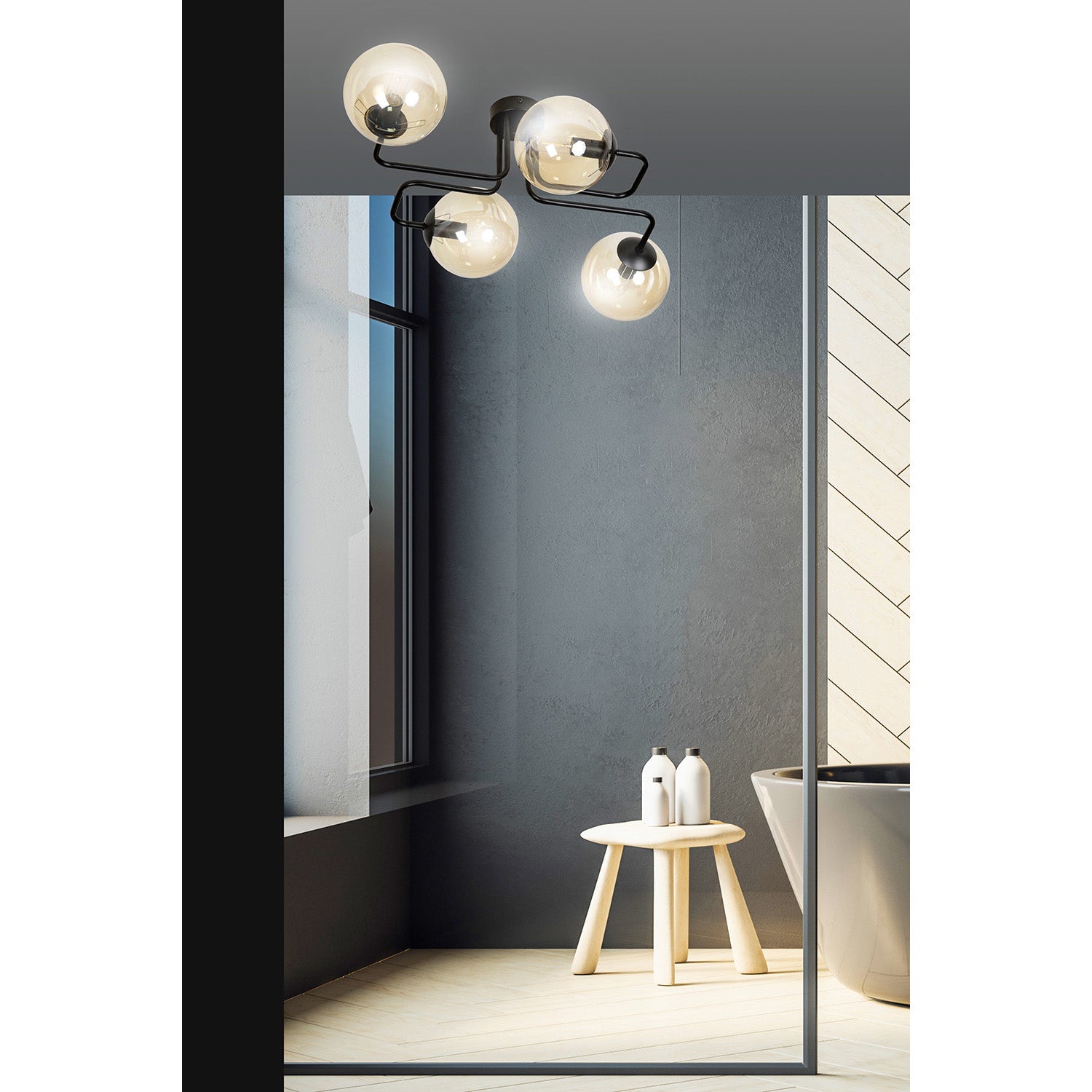 Plafoniera 4 Luci Brandi In Acciaio Nero E Sfere In Vetro Ambra