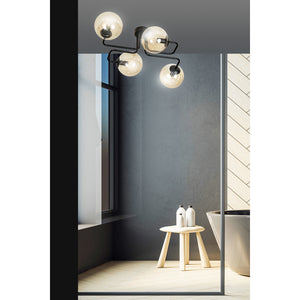 Plafoniera 4 Luci Brandi In Acciaio Nero E Sfere In Vetro Ambra