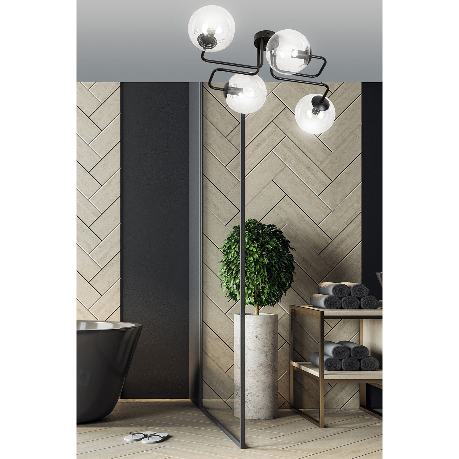 Plafoniera 4 Luci Brandi In Acciaio Nero E Sfere In Vetro Trasparente