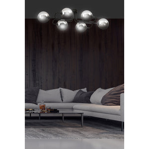 Plafoniera 6 Luci Brandi In Acciaio Nero E Sfere In Vetro Fumè