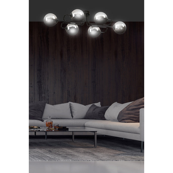 Plafoniera 6 Luci Brandi In Acciaio Nero E Sfere In Vetro Fumè