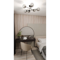 Plafoniera 6 Luci Brandi In Acciaio Nero A Bracci E Sfere In Vetro Fumè