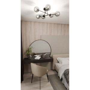 Plafoniera 6 Luci Brandi In Acciaio Nero A Bracci E Sfere In Vetro Fumè