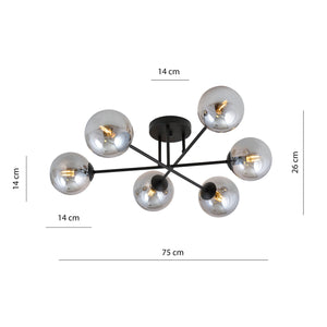 Plafoniera 6 Luci Brandi In Acciaio Nero A Bracci E Sfere In Vetro Fumè
