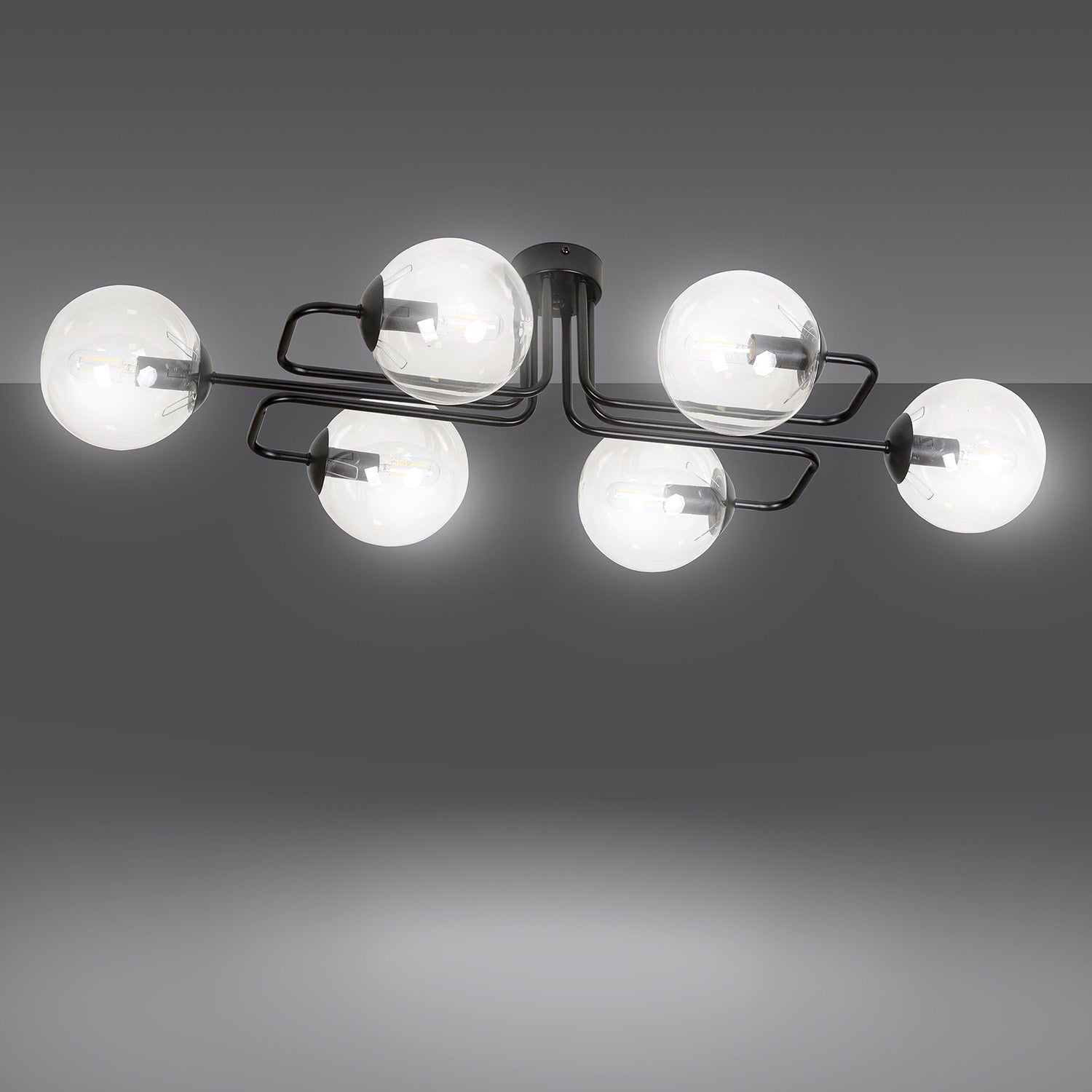 Plafoniera 6 Luci Brandi In Acciaio Nero E Sfere In Vetro Trasparente