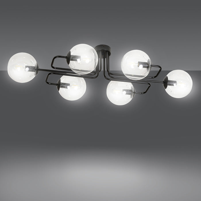 Plafoniera 6 Luci Brandi In Acciaio Nero E Sfere In Vetro Trasparente