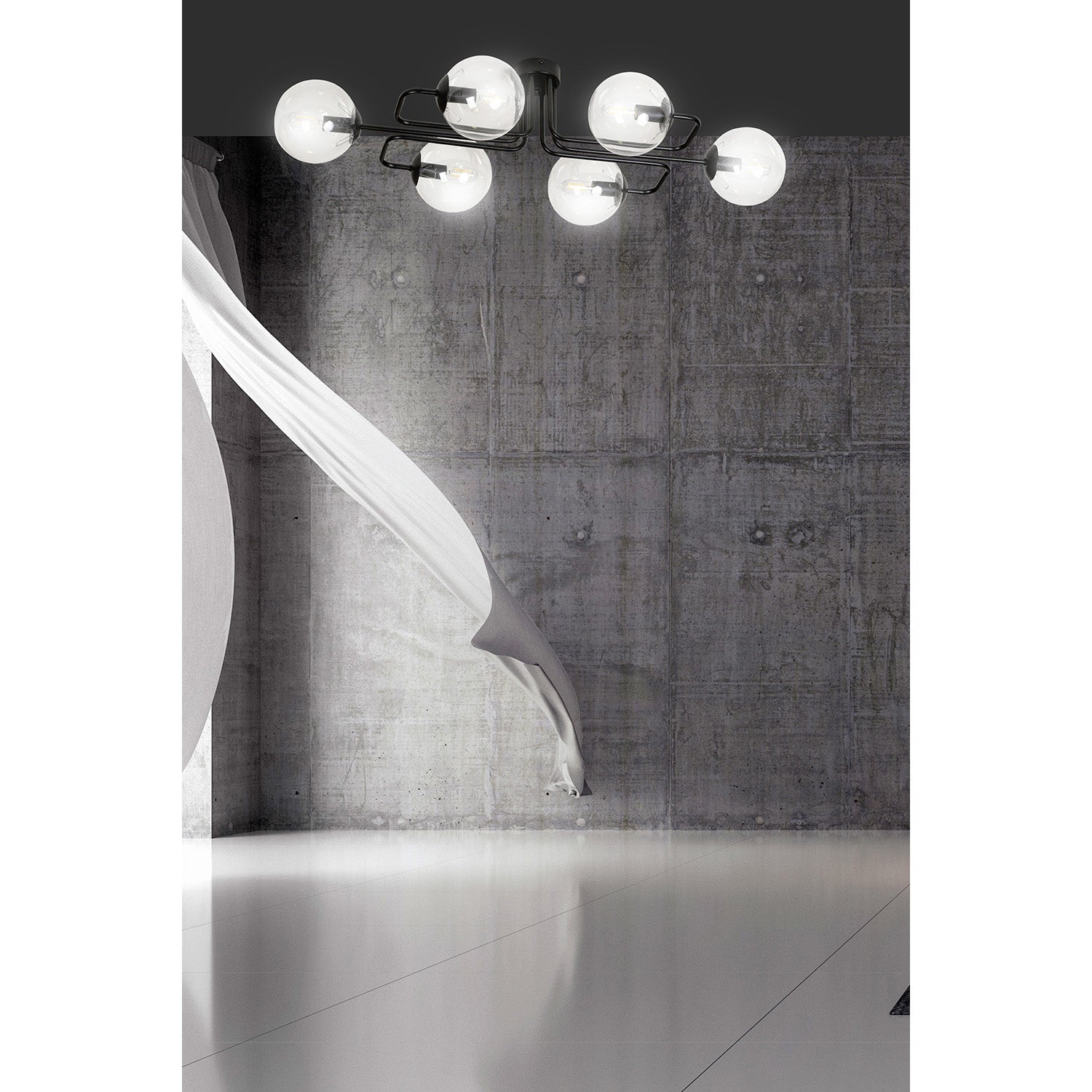 Plafoniera 6 Luci Brandi In Acciaio Nero E Sfere In Vetro Trasparente