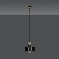 Sospensione 1 Luce Zhurong In Acciaio Nero E Legno Naturale