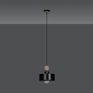 Sospensione 1 Luce Zhurong In Acciaio Nero E Legno Naturale