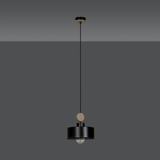 Sospensione 1 Luce Zhurong In Acciaio Nero E Legno Naturale