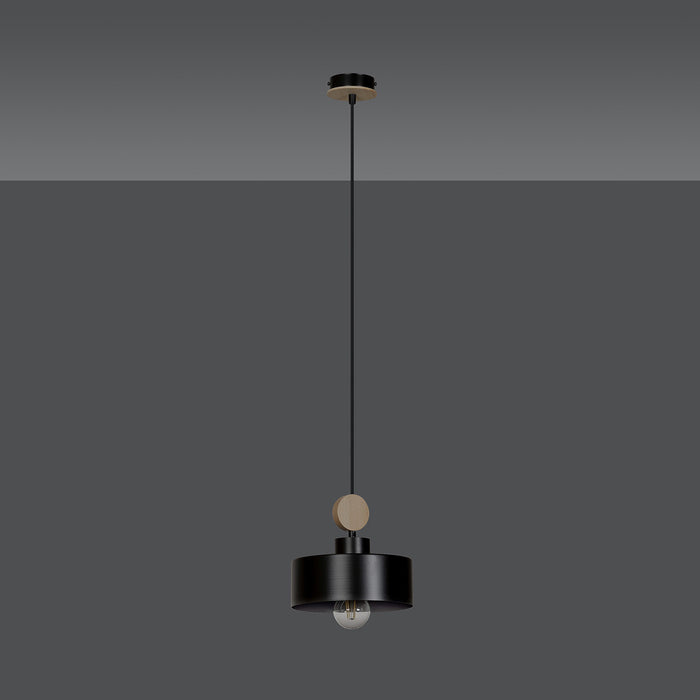 Sospensione 1 Luce Zhurong In Acciaio Nero E Legno Naturale