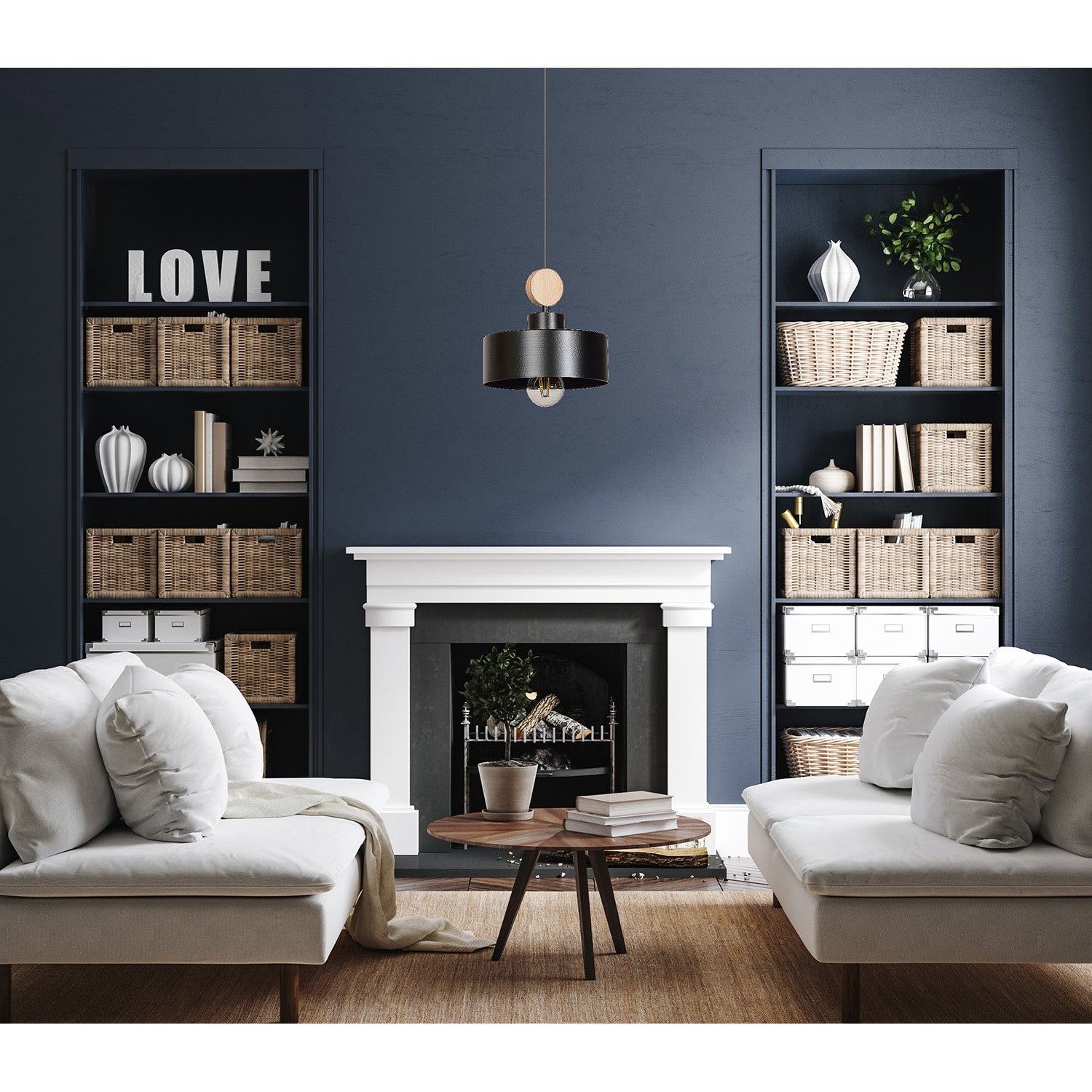 Sospensione 1 Luce Zhurong In Acciaio Nero E Legno Naturale