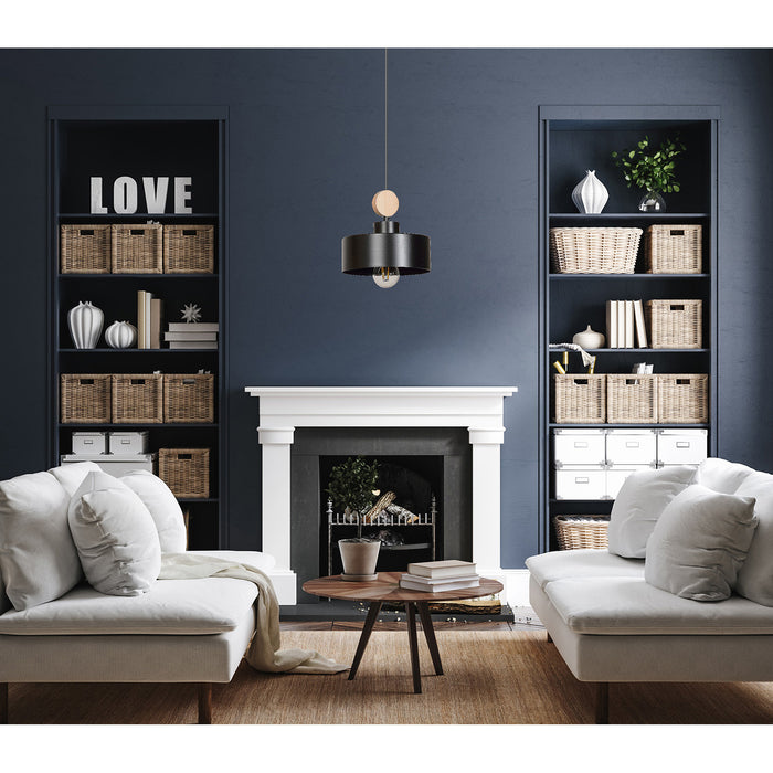 Sospensione 1 Luce Zhurong In Acciaio Nero E Legno Naturale