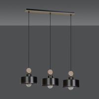 Lampadario 3 Luci Zhurong In Acciaio Nero E Paralumi Con Legno Naturale