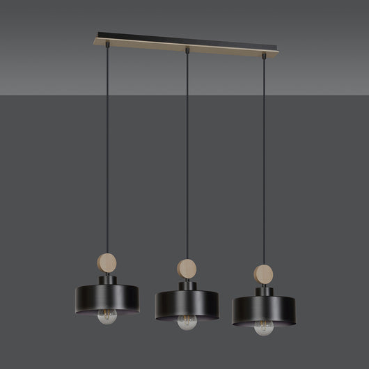 Lampadario 3 Luci Zhurong In Acciaio Nero E Paralumi Con Legno Naturale