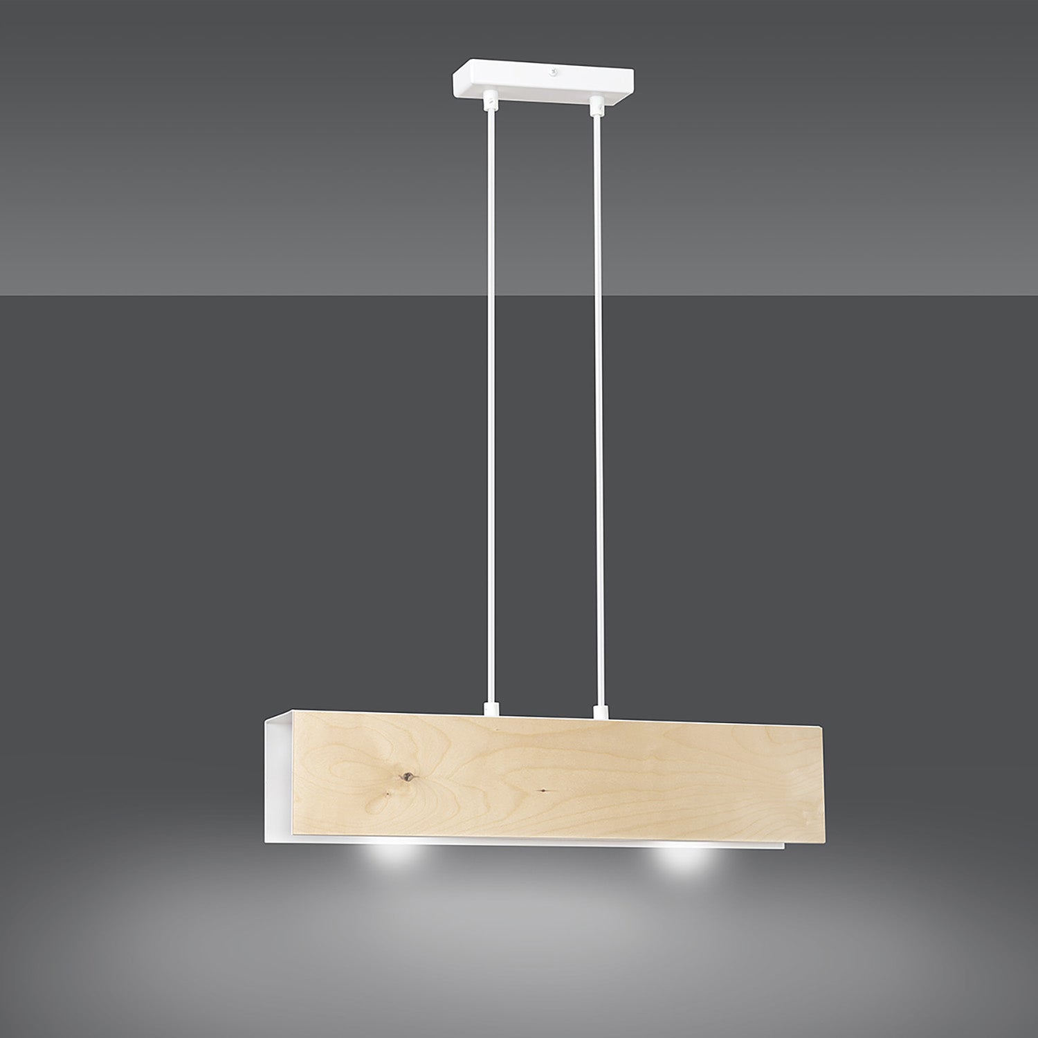 Lampadario 2 Luci Merlino In Acciaio Bianco Corpo Rettangolare E Legno Naturale