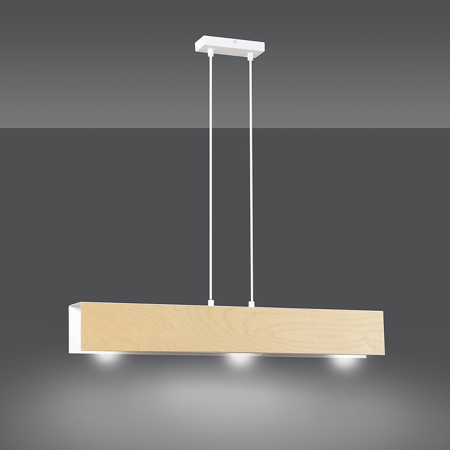 Lampadario 3 Luci Merlino In Acciaio Bianco Corpo Rettangolare E Legno Naturale