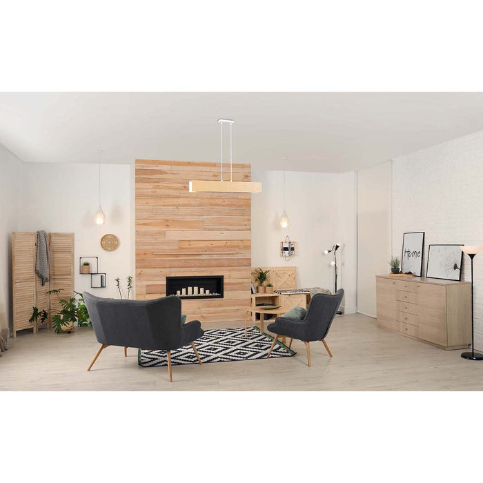 Lampadario 3 Luci Merlino In Acciaio Bianco Corpo Rettangolare E Legno Naturale