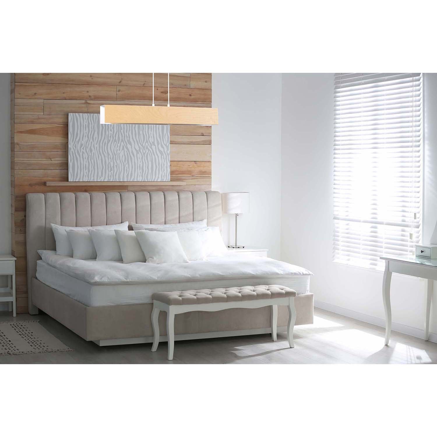 Lampadario 3 Luci Merlino In Acciaio Bianco Corpo Rettangolare E Legno Naturale