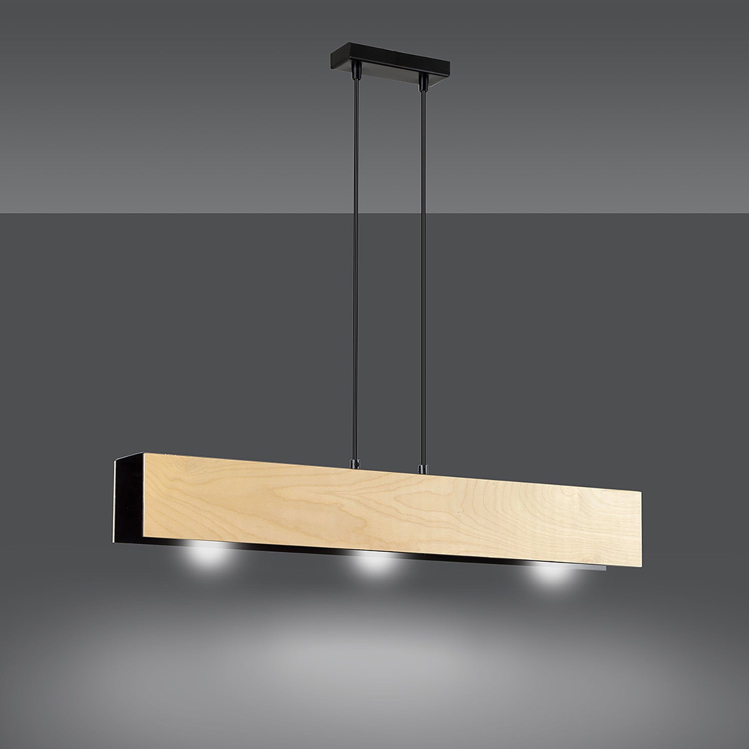 Lampadario 3 Luci Merlino In Acciaio Nero Corpo Rettangolare E Legno Naturale