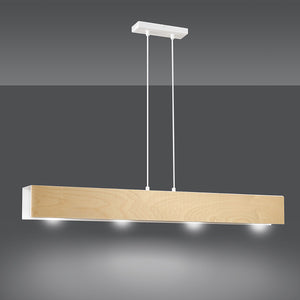 Lampadario 4 Luci Merlino In Acciaio Bianco Corpo Rettangolare E Legno Naturale