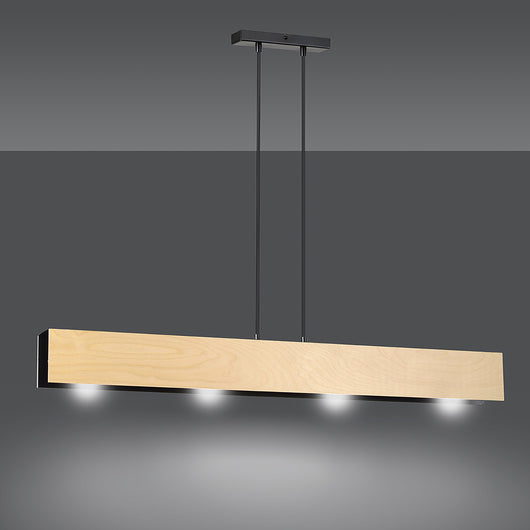 Lampadario 4 Luci Merlino In Acciaio Nero Corpo Rettangolare E Legno Naturale