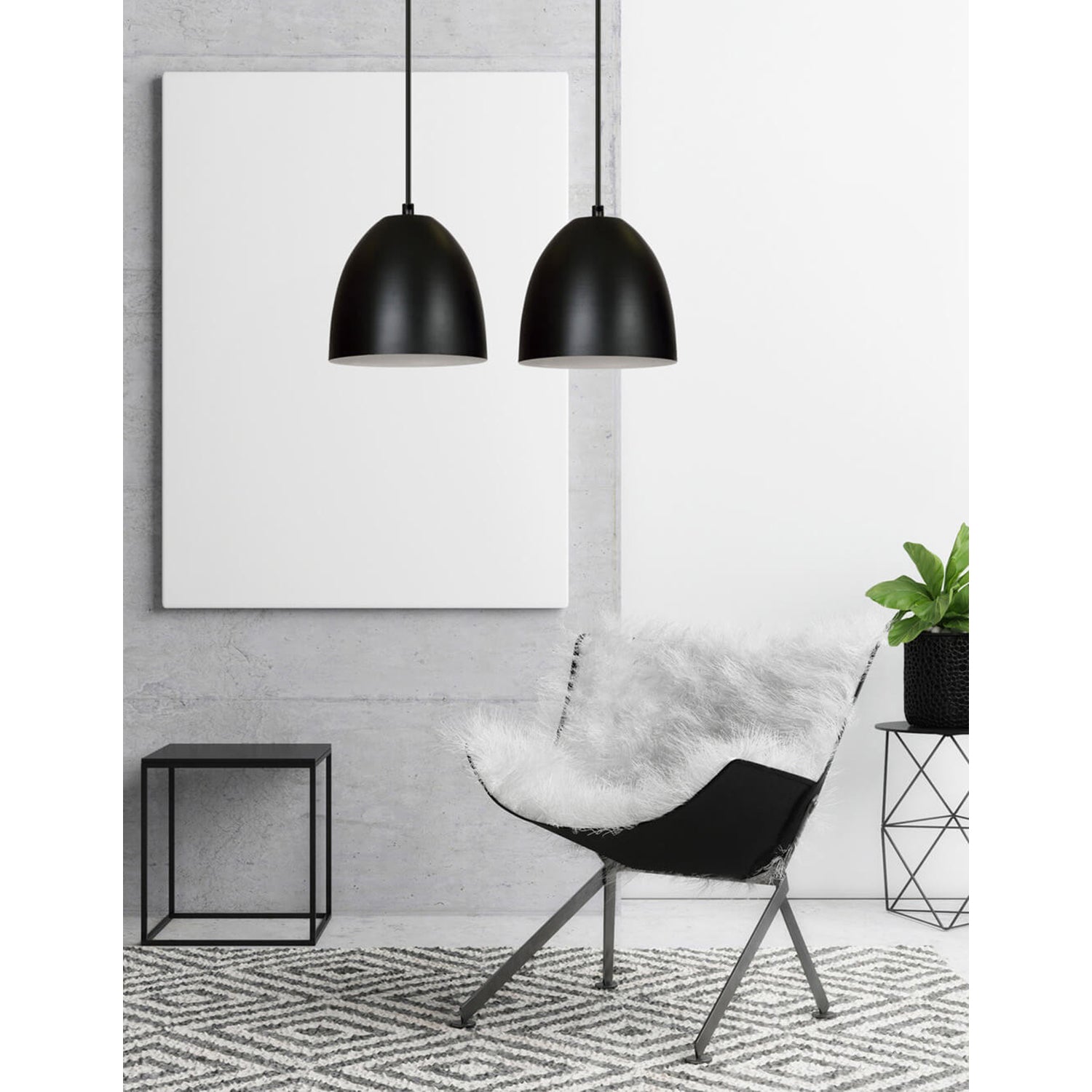 Lampadario 2 Luci Reartù In Acciaio Nero Con Cupole In Nero E Bianco