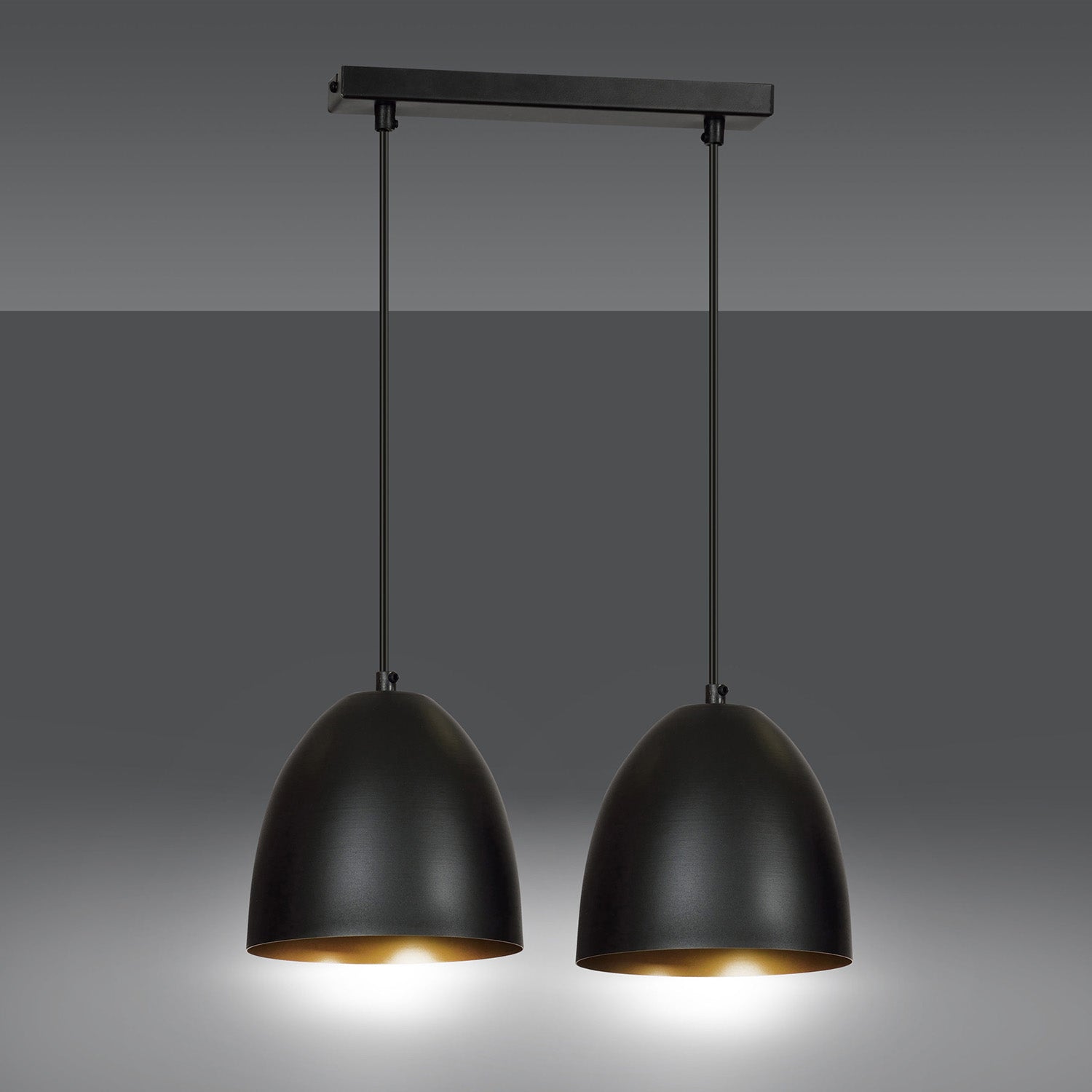 Lampadario 2 Luci Reartù In Acciaio Nero Con Cupole In Nero E Oro