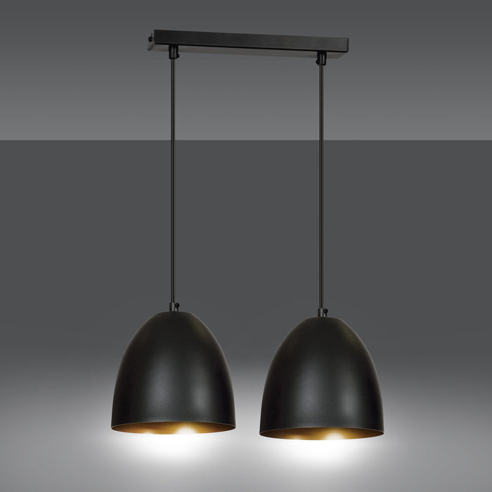 Lampadario 2 Luci Reartù In Acciaio Nero Con Cupole In Nero E Oro