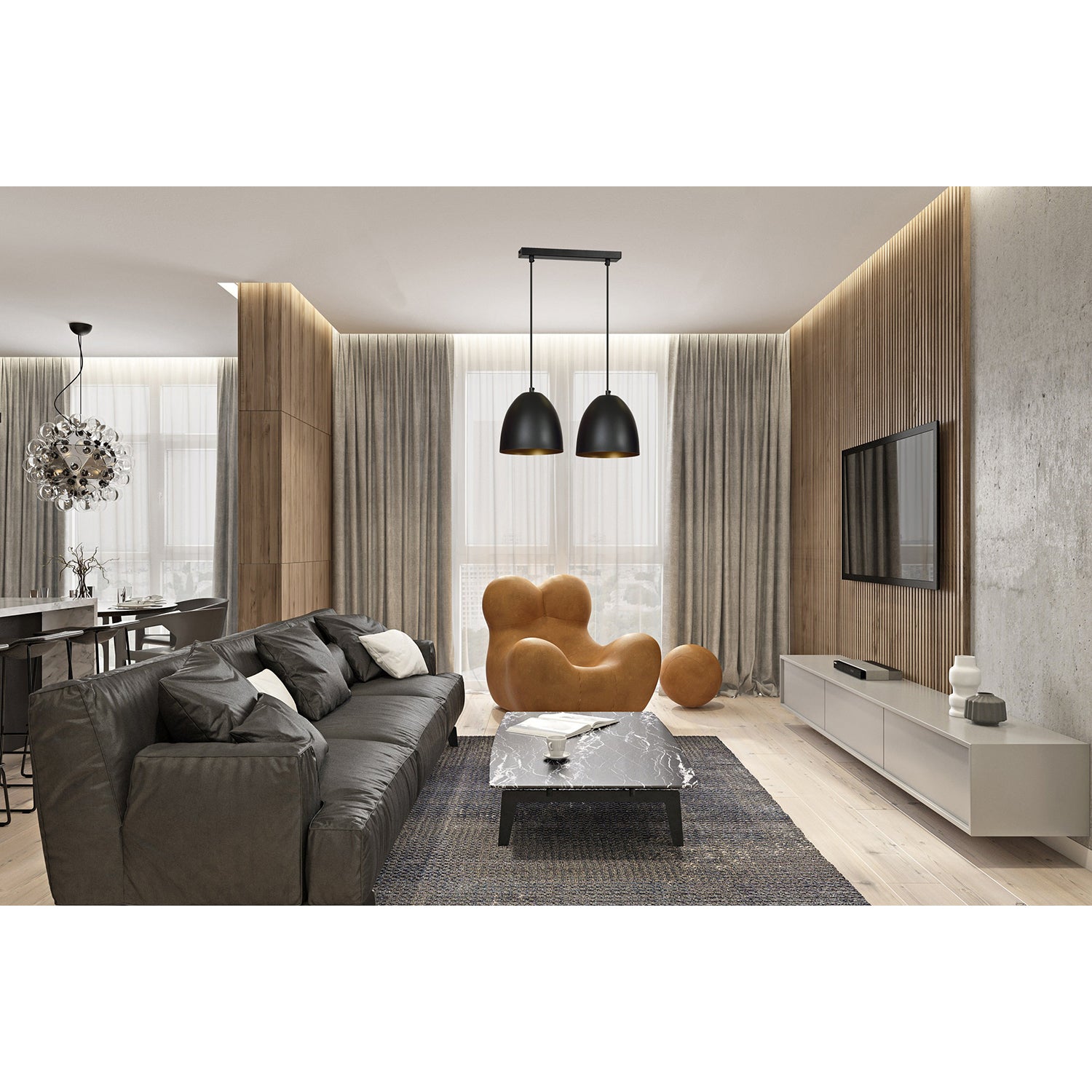 Lampadario 2 Luci Reartù In Acciaio Nero Con Cupole In Nero E Oro