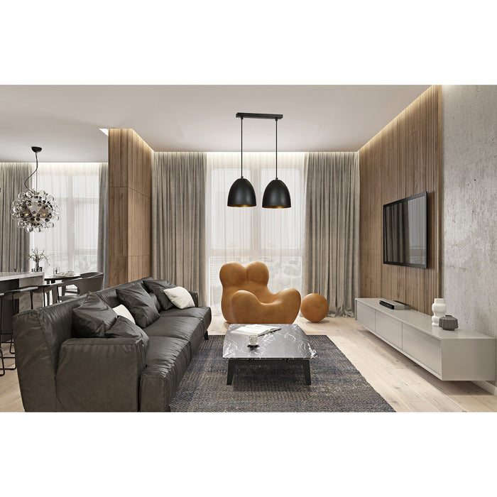 Lampadario 2 Luci Reartù In Acciaio Nero Con Cupole In Nero E Oro