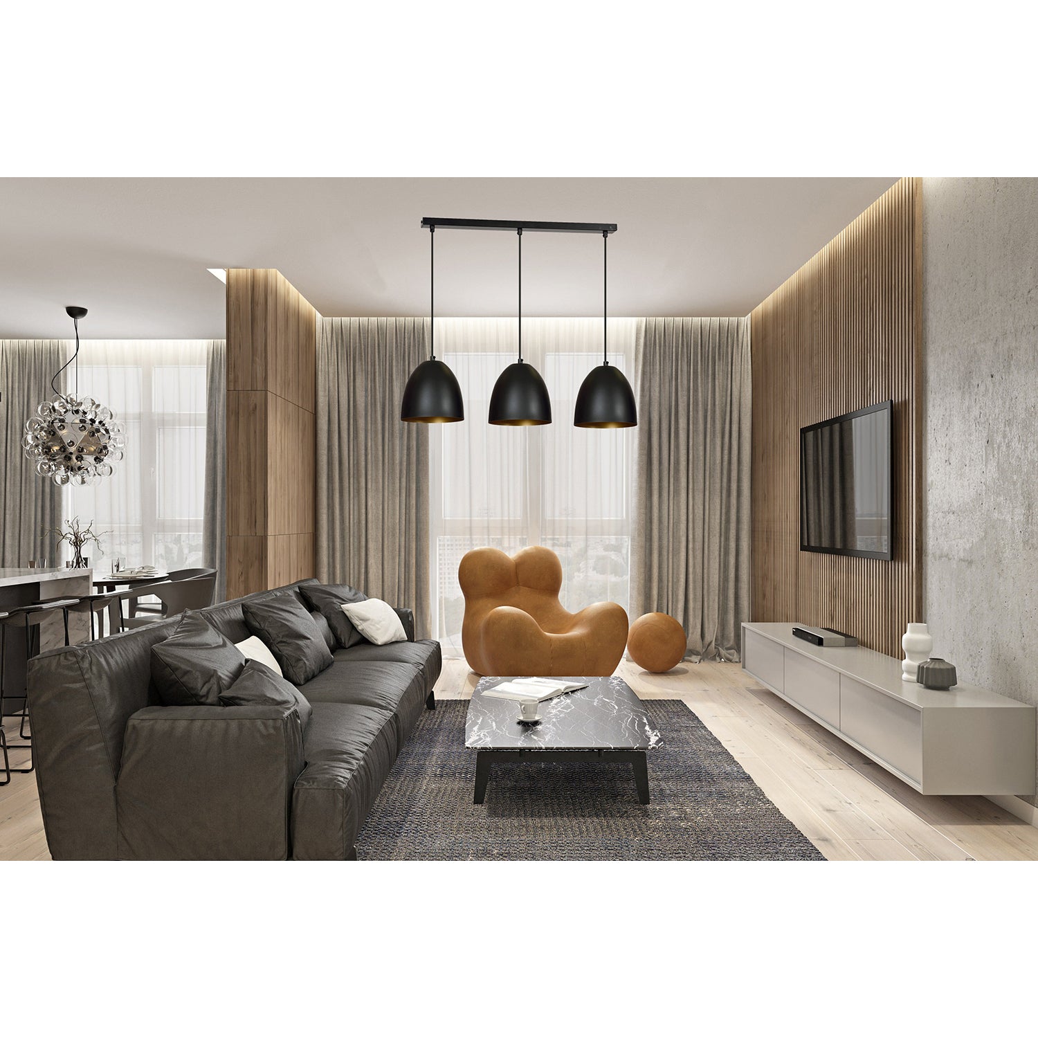 Lampadario 3 Luci Reartù In Acciaio Nero Con Cupole In Nero E Oro