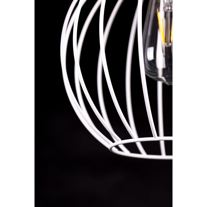 Sospensione 1 Luce Morgana Paralume A Gabbia In Acciaio Bianco E Legno Naturale